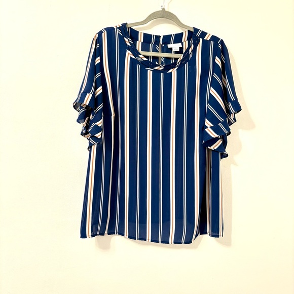 Liz Claiborne Tops - Liz Claiborne Blue Striped Ruffle Sleeve Blouse Sz 1X